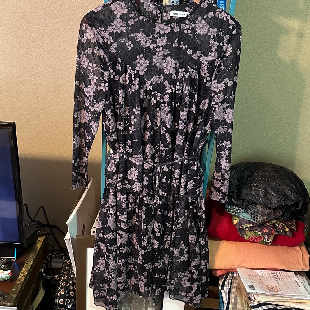 Rebecca Minkoff Jojo Charcoal and Pink Floral 3/4 Sleeve Tiered Tie Belt Dress